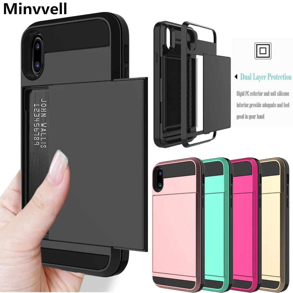 

For iPhone 7 8 Plus Case Slide Credit Card Slot Wallet Phone Case 6 S 5 5S SE Armor Shockproof Capa For iPhone X XS Max XR Cover