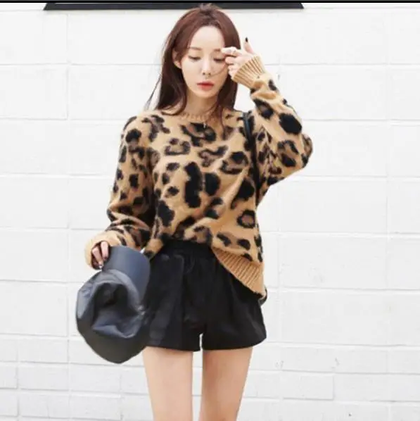 Женские винтажные леопардовые кашемировые свитера с длинными рукавами и круглым