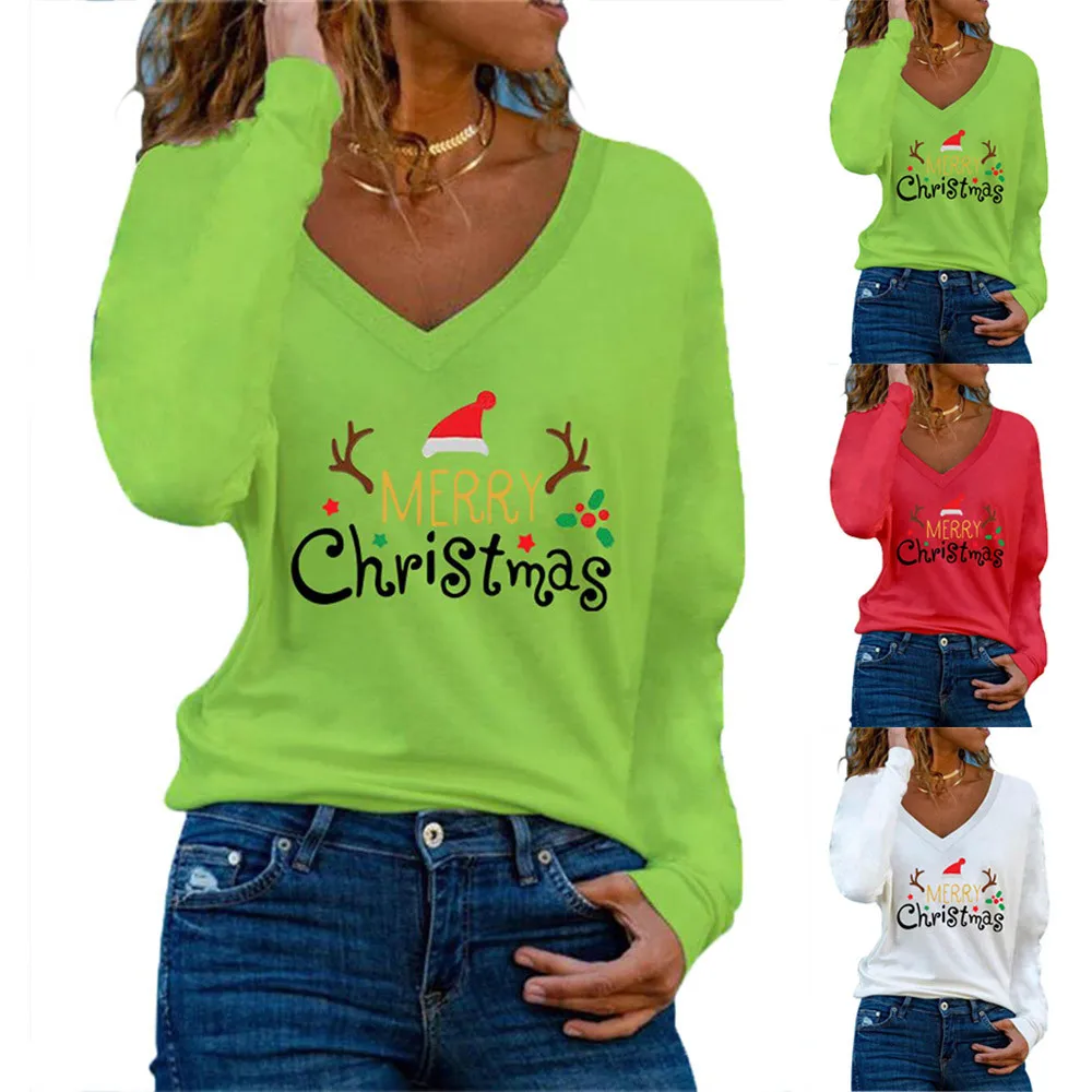 

Sexy V Neck T-Shirts Summer Women's Merry Christmas Waist Slim Oversize Letter Printed Long Sleeve Casual Basic Daily Tops