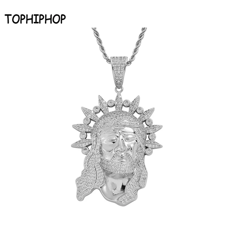 

TOPHIPOHP Newest Hip Hop Jesus Head Pendant with Cubic Zirconia White Gold Plated Iced Out CZ Religious Jewelry for Men