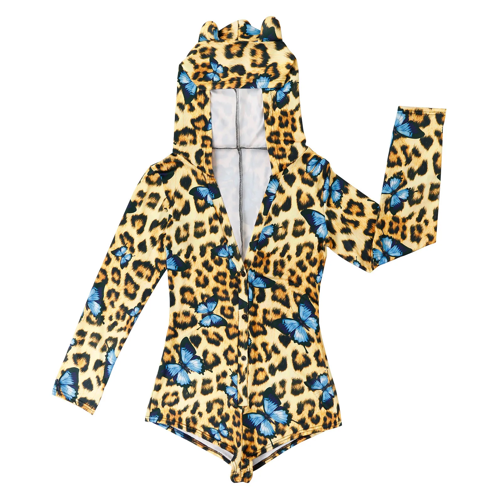 

Cute Animals Ear Hooded Bodysuit Womens Jumpsuit Buttons Printed Long Sleeve V-Neck Sleepwear Valentine's Day Pajamas A50