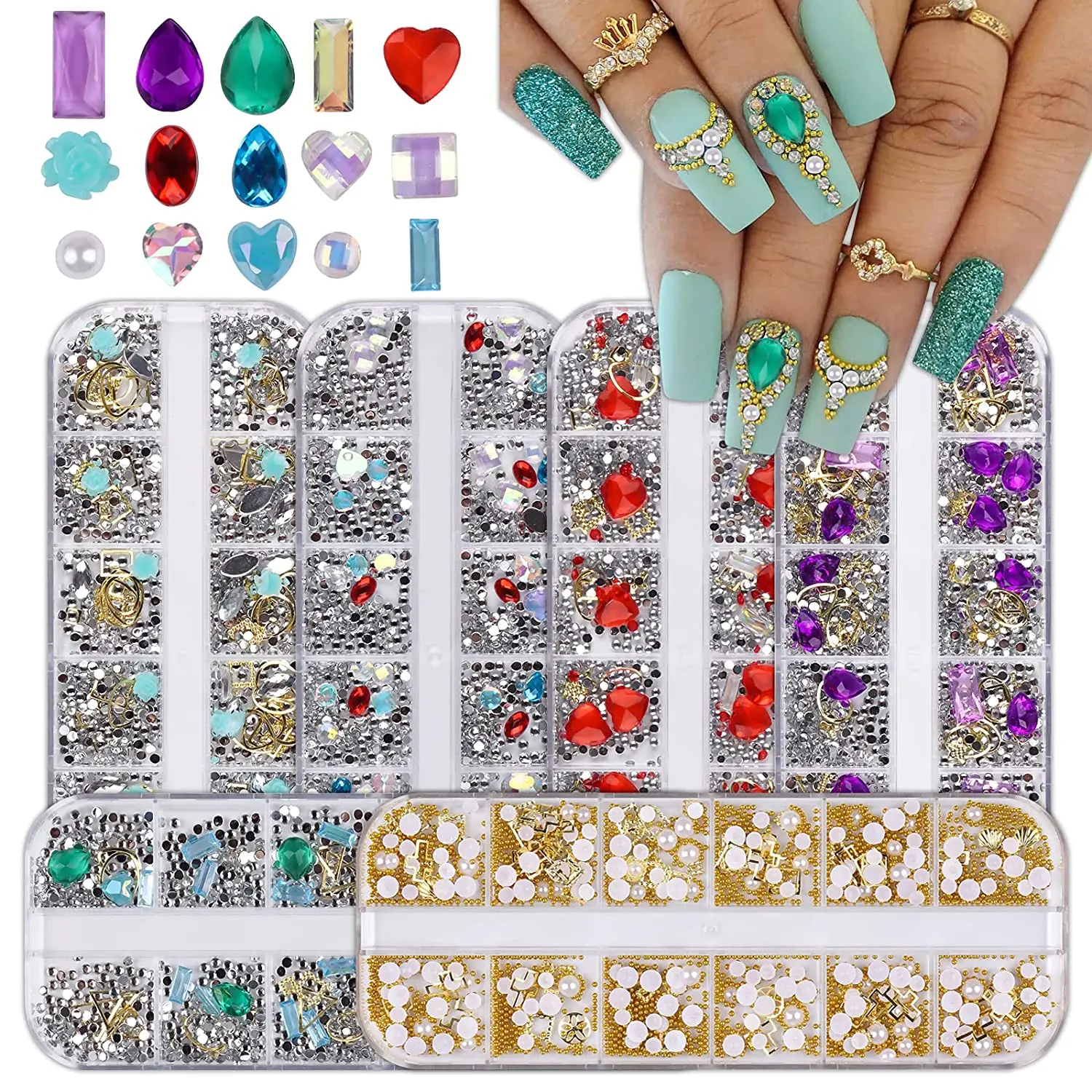 

1Box 3D Mix-shape Nail Rhinestones Diamond Nail pearl Crystal Bead Big Gem Nail Jewels Studs Metal Rivet for Nail Art Decoration