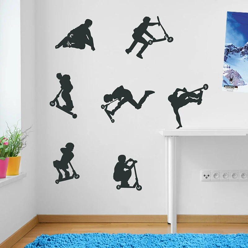 7Pcs Stunt Scooters Sport Wall Decal Kids Room Play Room Skate Board Trick Wall Sticker Game Room Vinyl Home Decor