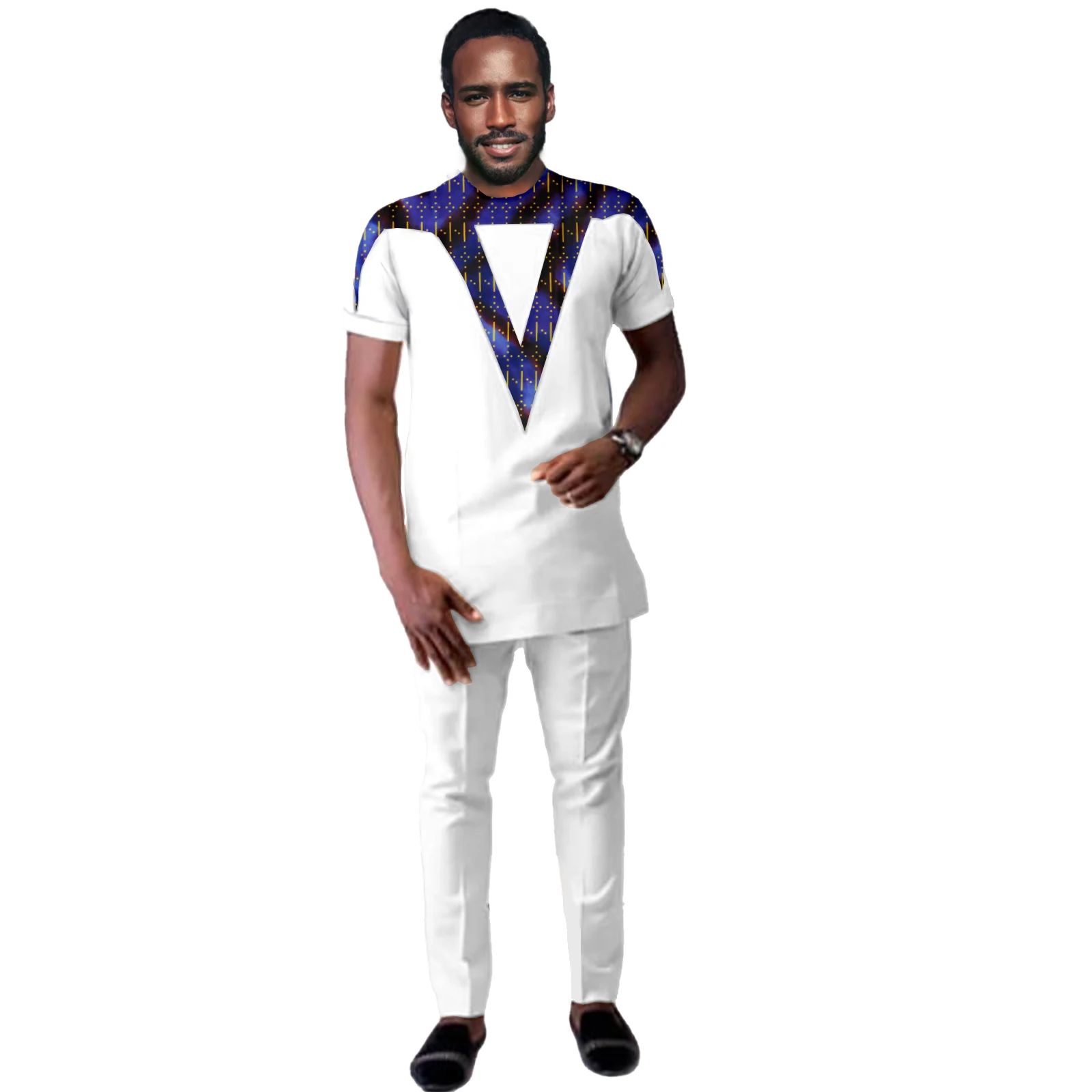 African Men Clothing Ankara Pants Set Dashiki Shirt 2 Piece Outfit Crop Top Attire Short Sleeve Casual AFLIONEv2116028