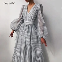 sexy vintage women polka dots long dresses lantern sleeve party dresses ladies elegant spring vestidos