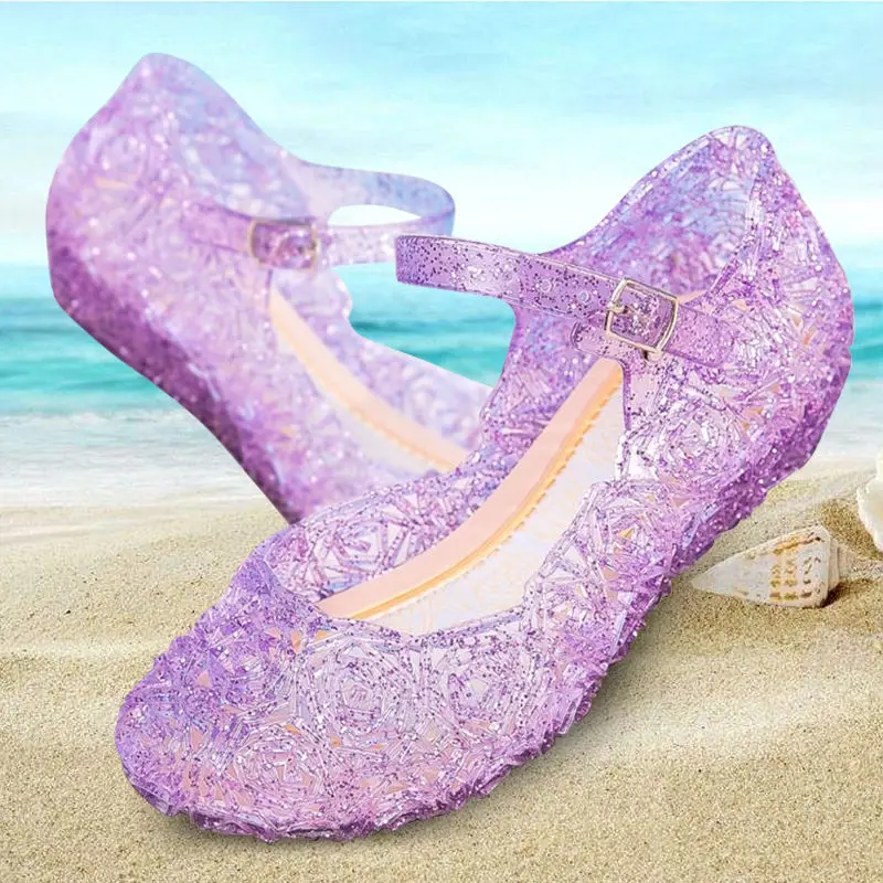 

2021 Purple Wedge Heel Sandals Kids Girls Crystal Jelly Mary Jane Sandals Hollowed Princess Cosplay Party Beach Shoes Children