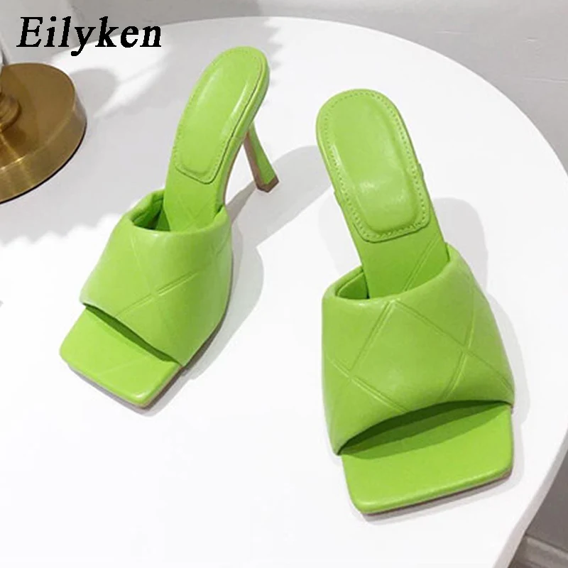 

Eilyken High Quality Green PU Leather Women Slippers Fashion Square Toe Stiletto Heels Sandals Outside Slides Shoes Female