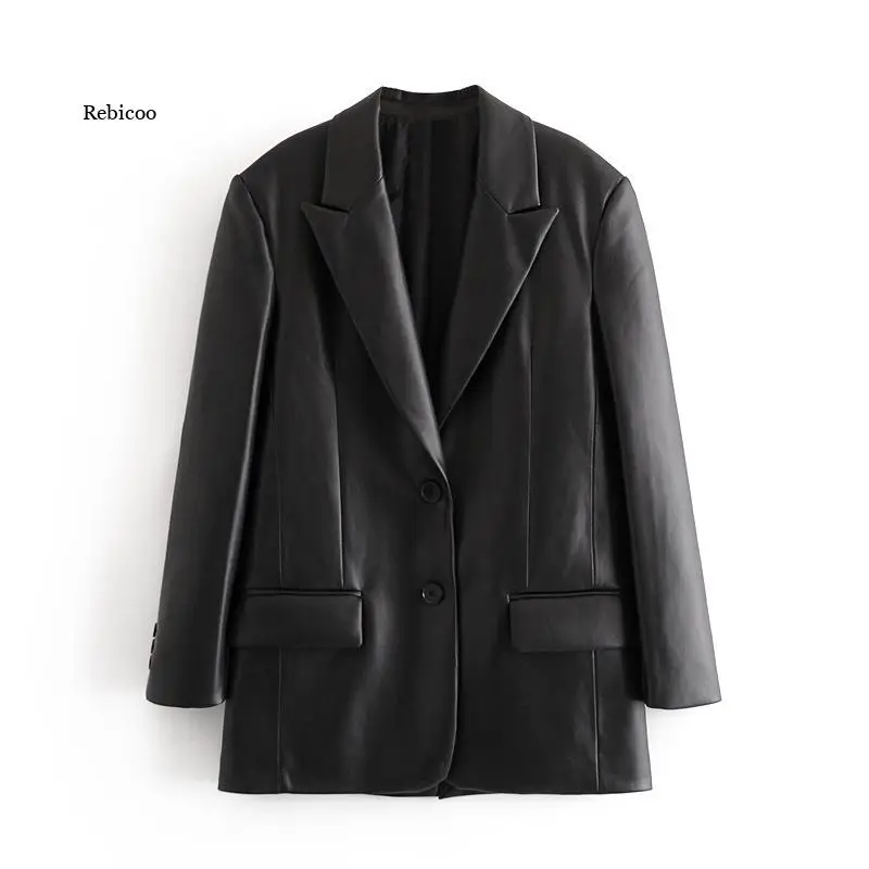 

Women Fashion Pu Faux Leather Loose Blazer Coat Vintage Pockets Long Sleeve Back Vents Female Outerwear Chic Tops