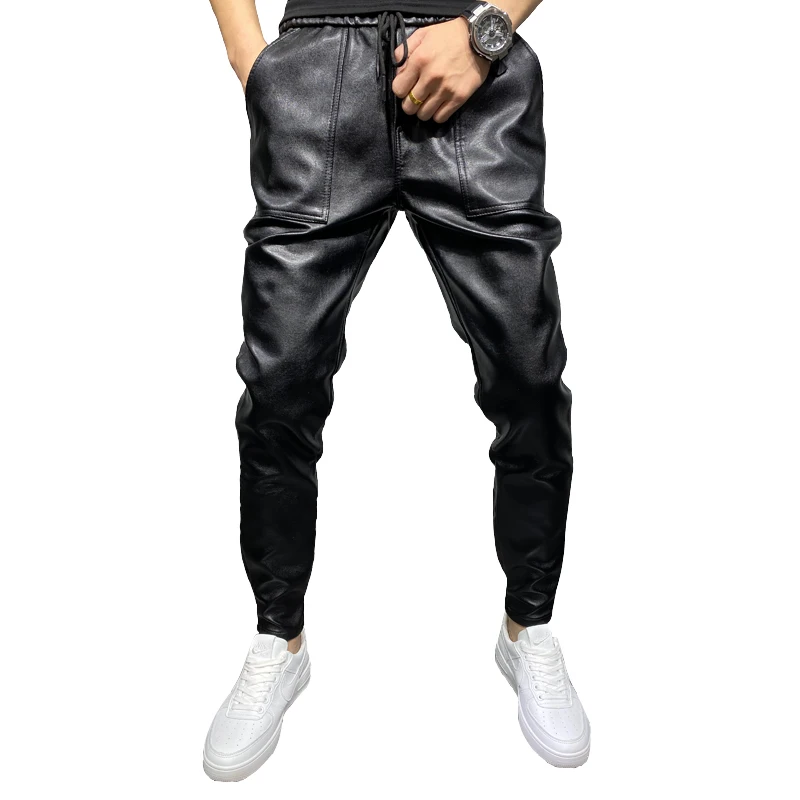 

New Arrivals Winter Thick Warm PU Leather Pants Men Clothes 2021 Simple Big Pocket Windproof Casual Trousers Black Plus Size 40