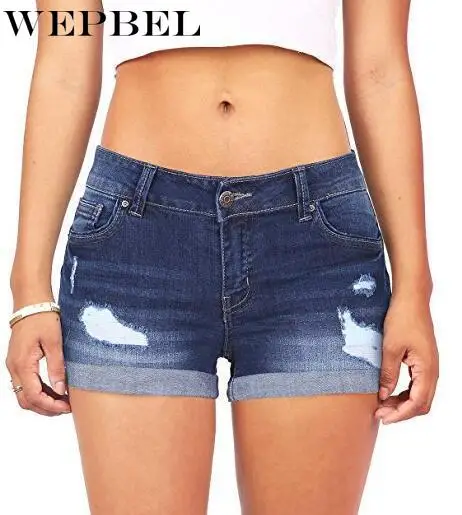 

WEPBEL Women's Sexy Solid Color Denim Shorts Summer Fashion High Waist Button Slim Hole Straight Denim Shorts