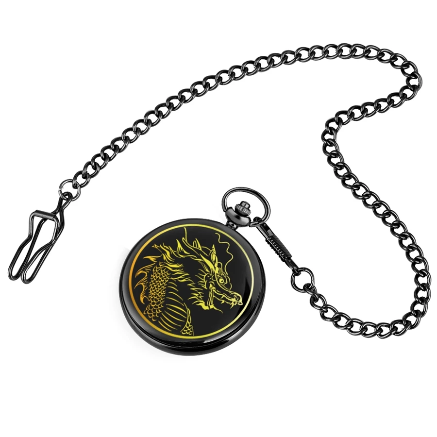 Кварцевые карманные часы с изображением золотого дракона аналоговые цепочкой