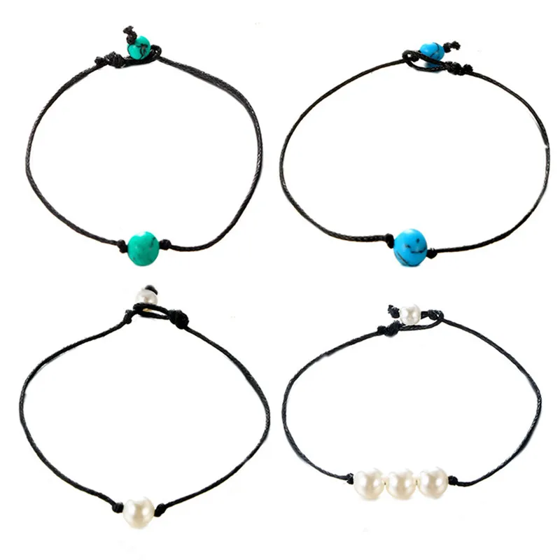 Простой жемчужный синий зеленый белый камень ручная вязка кожаная веревка 4 шт.