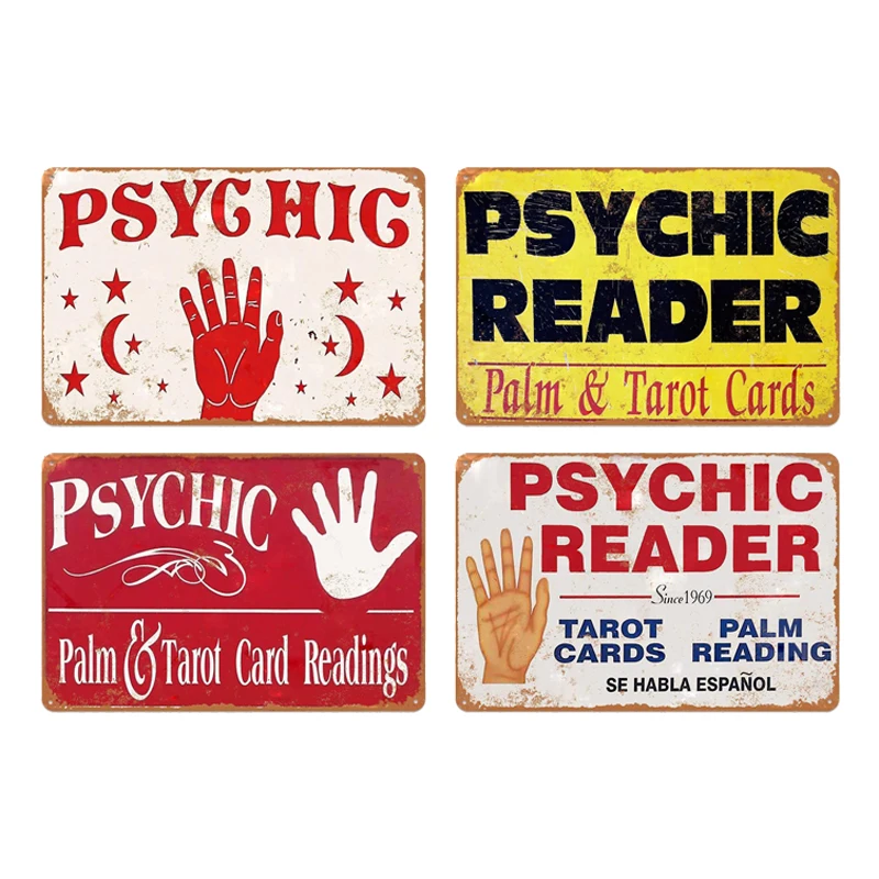 

Phychic Black Background Metal Tin Sign Retro Plaque Signs Plam Tarot Cards Wall Decor Bar Cafe Pub Club Iron Painting Plate