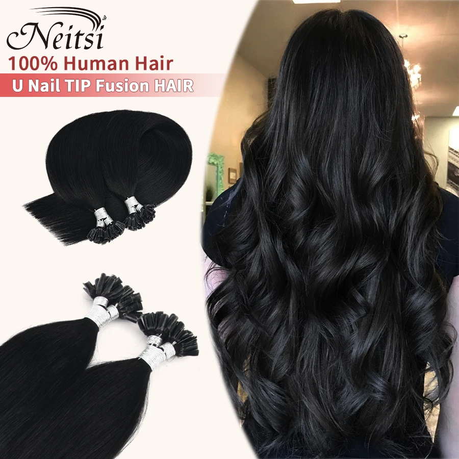 

Neitsi Nail U Tip Straight Human Fusion Hair Keratin Glue Prebonded Natural Human Hair Extensiones Machine Remy on Capsules