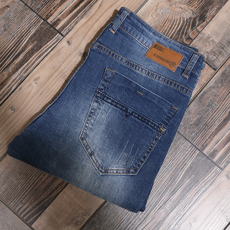 European American Vintage Fashion Men Jeans Retro Dark Blue Elastic Slim Fit Ripped Jeans Men Korean Style Denim Pencil Pants
