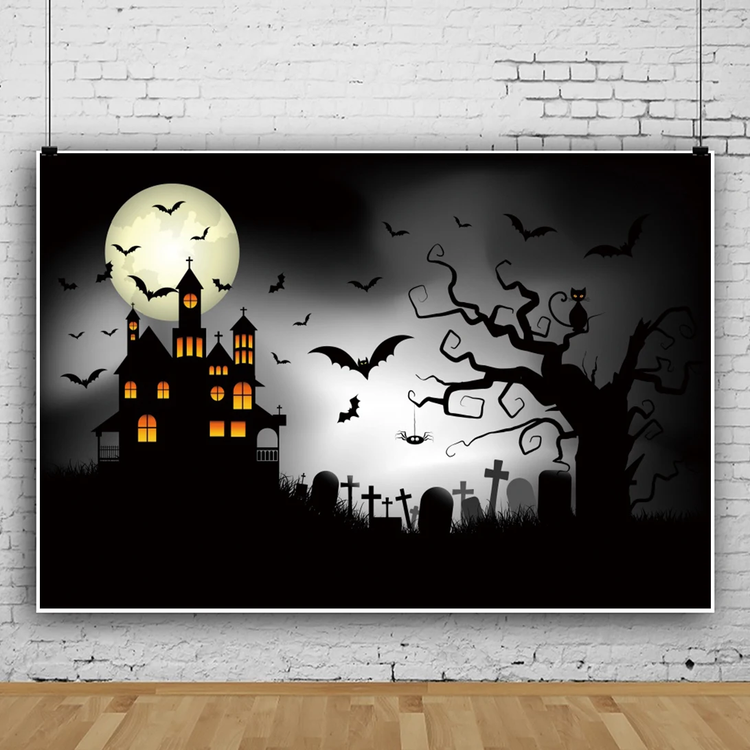 

Laeacco Halloween Festival Party Decor Horrible Black Castle Dark Night Bat Forest Background Banner Photography Photo Backdrop