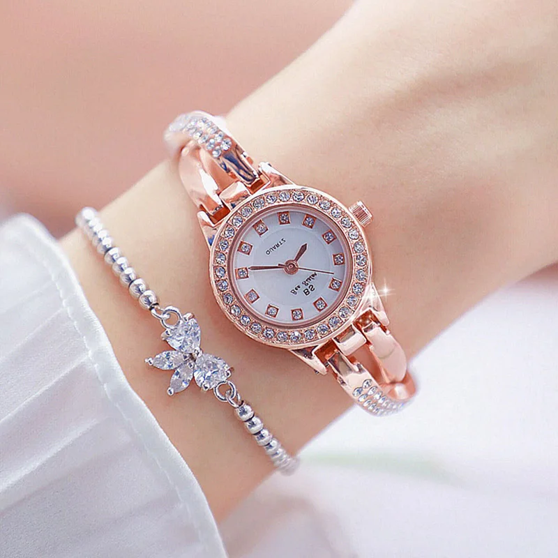 rose with bracelet Роскошные новые женские модные часы, креативные Женские повседневные часы с бриллиантами, браслет из нержавеющей стали, Стильные кварцевые часы для женщин - Цвет: rose with bracelet