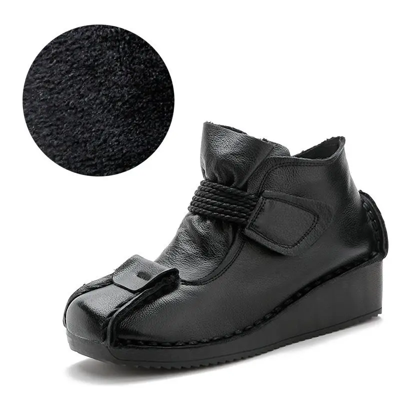 

YourSeason Ladies Winter Vintage Boots 2021 New Handmade Concise Round Toe Sewing Female Leisure Hook & Loop Wedges Shoes