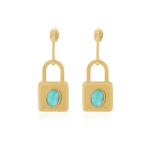 stainless steel lock dangle earrings turquoise drop earrings for women trinket exquisite golden earcuff trendy jewelry accessory