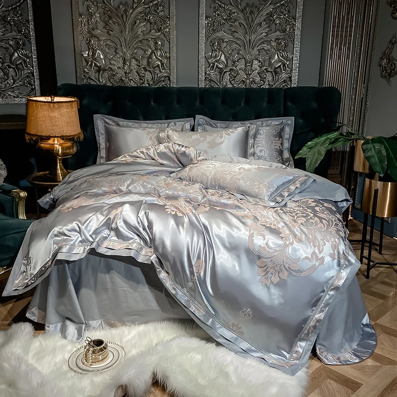 

Комплект постельного белья Fat Fairy HOME TEXTILE, жаккардовый хлопок, синий, золотой, серый, королева