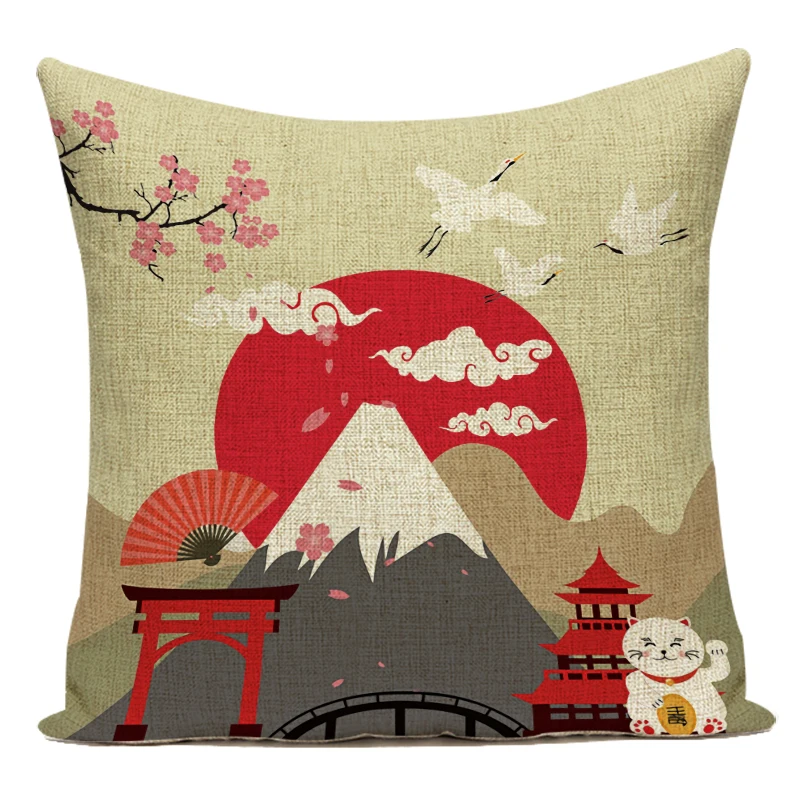 Чехол для подушки LSQDVQ, лен/хлопок, Красный, Фудзи Сан Ред-Кроун Кран