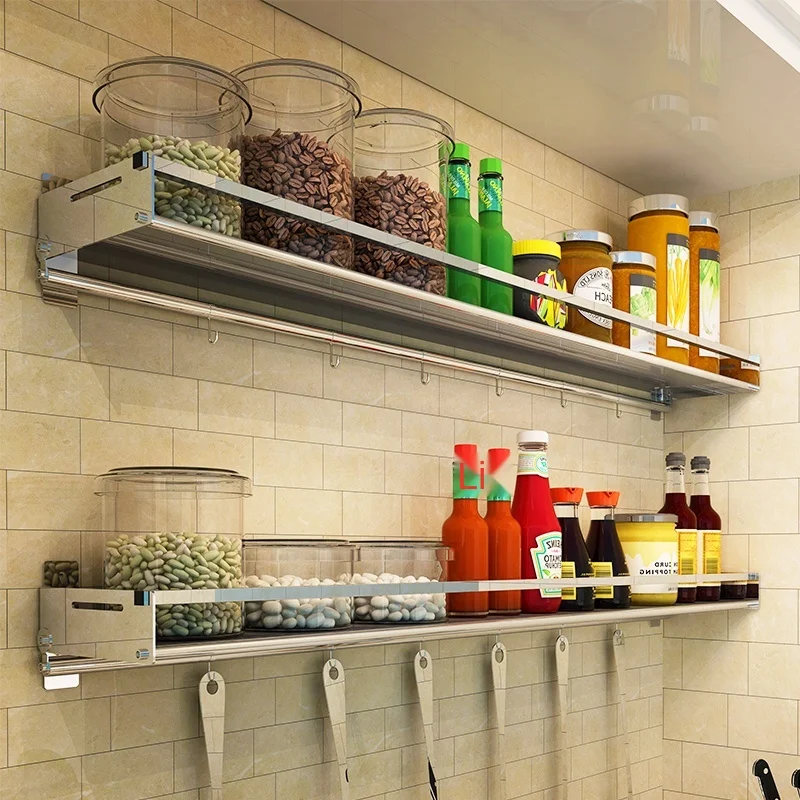 

304 stainless steel kitchen rack wall hanging hole-free wall to collect seasoning flavoring microwave oven rack