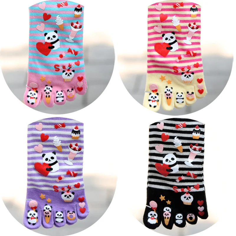 

New Woman Striped Cartoon Cotton Mid-tube Five-finger Socks Wear-resistant Moisture Absorption Socks Cute Elastic Non-slipMKG536