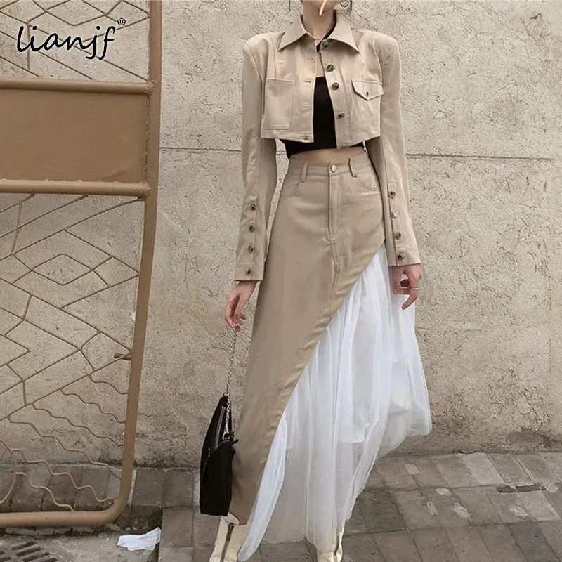 

Streetwear Asymmetrical Skirts Womens Blazer Two Piece Suit Short Jacket Harajuku 2021 Office Ladies High Waist Tulle Long Skirt