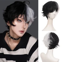 short curly male wig black white yellow half cosplay anime costume halloween wigs synthetic hair with bangs for men boy women