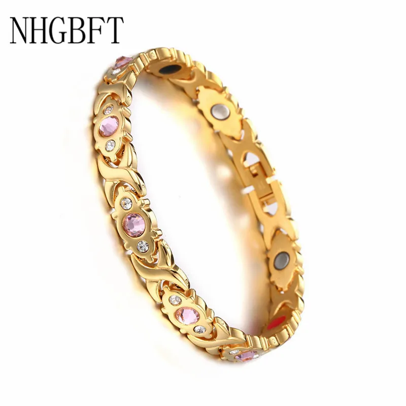 

NHGBFT New Arrivals Mens Gold Color Health Magnetic Bracelet For Women Stainless steel Bracelets Charm CZ Jewelry