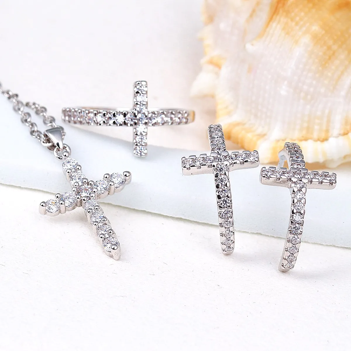 

New Silver Ring Necklace Pendant Stud Earring Classic Exquisite Beauty Cross Inlay Zircon Set