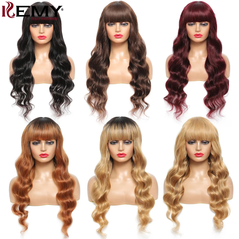 

Brazilian Body Wave Bangs Wig Honey Blonde Brown 99J Red Wine Human Hair Wig With Bangs Remy Human Hair Wigs For Black Women