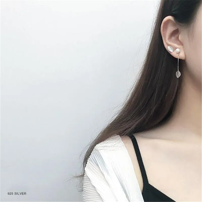 

New Exquisite Leaf Pearl Ear Line Asymmetrical 925 Sterling Silver Jewelry Temperament Popular Stud Earrings SE172