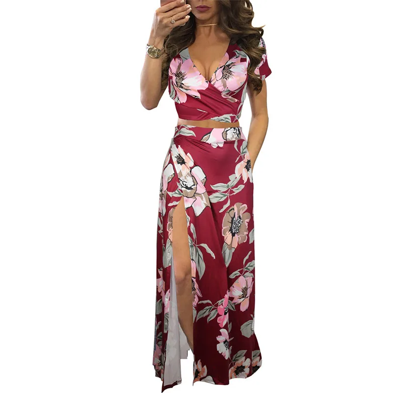 

Female Summer Skirts Two-Piece Set Clothing Crops Tops Sexy Crop Tops Skirts Lace Up Bandage Split Long Skirts Floral Long Dress