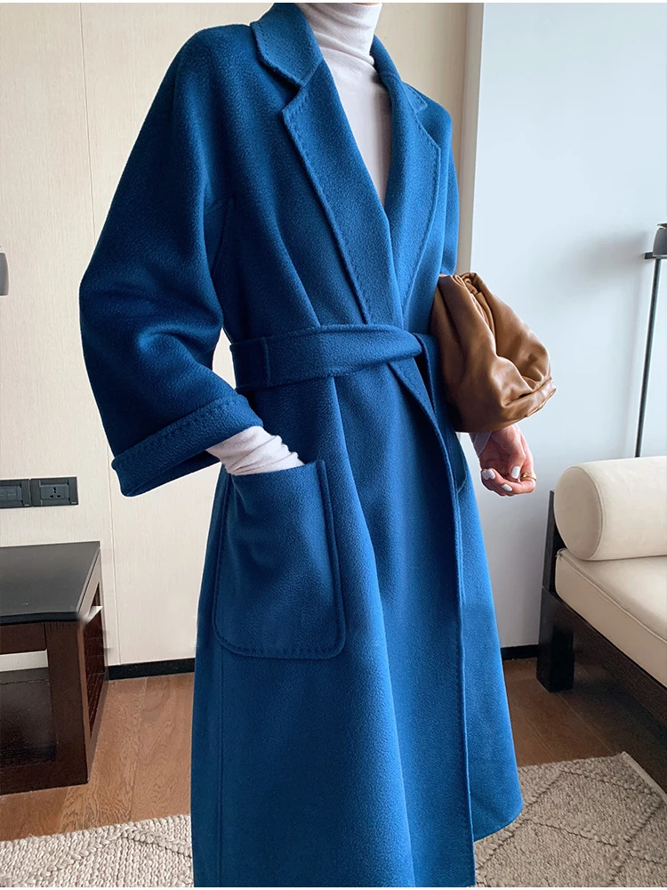 Женское шерстяное пальто с отложным воротником дизайнерское длинное синее