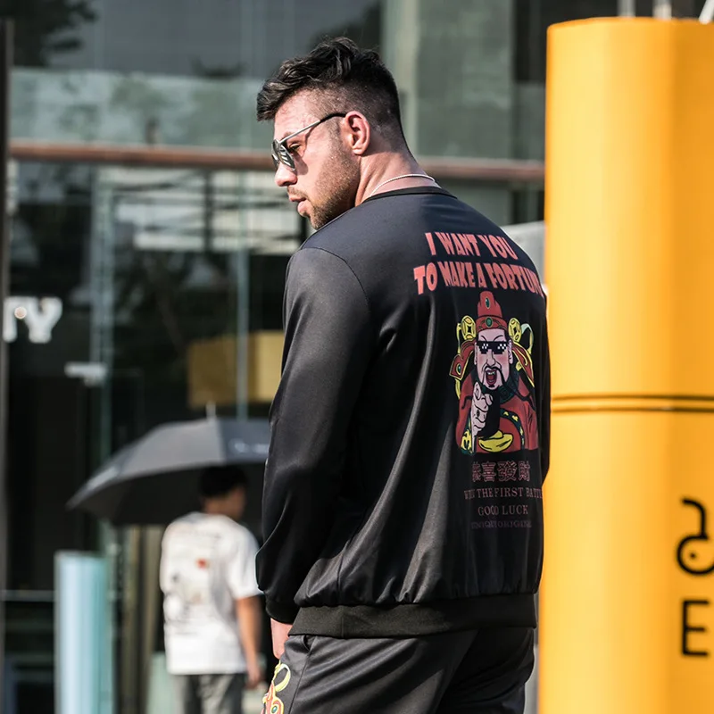 

Plus size men's clothing autumn new fat street loose hip-hop round neck national tide print Harajuku style sweater