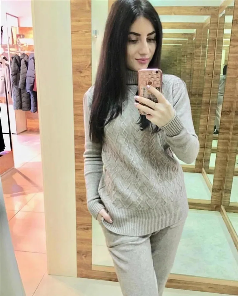 Модный осенне-зимний женский костюм из двух частей, вязаный свитер с воротником-стойкой, топы+ штаны, костюмы, комплект одежды, настоящая фотография