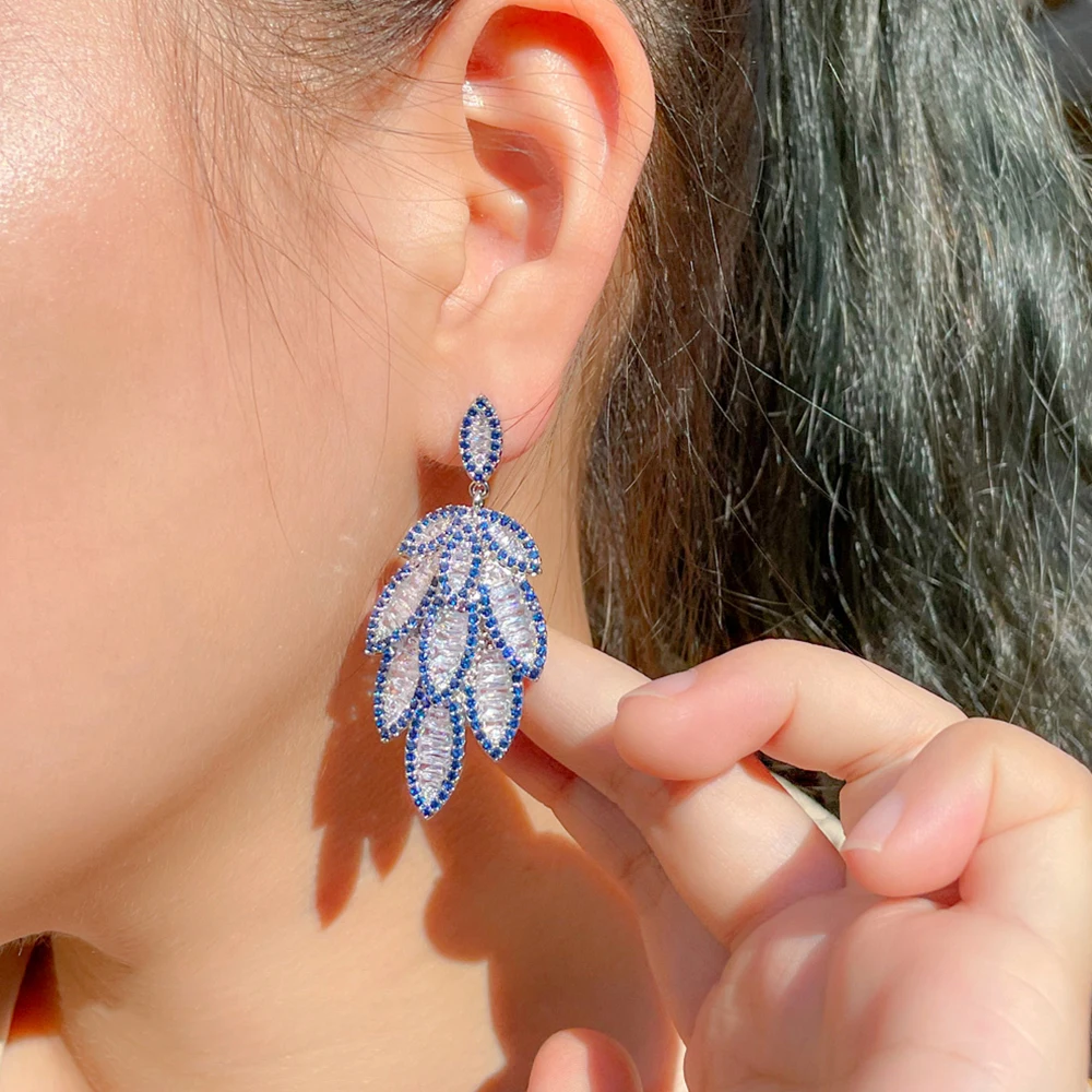 BeaQueen модные блестящие белые синие серьги с фианитом в форме пера длинные