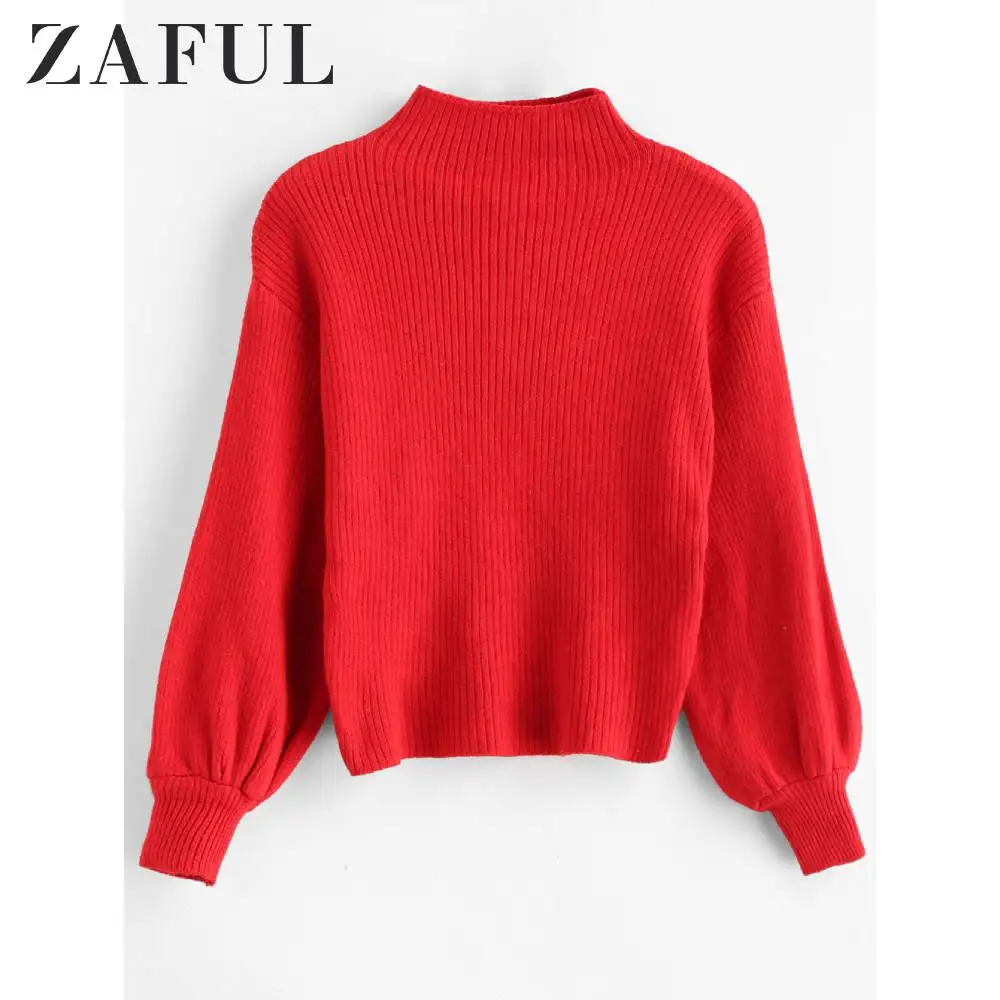 ZAFUL Ribbed Funnel Collar Sweater Bubble Sleeve Basic Slim Pullovers Autumn Winter Women Tops Sweet Daily Casual Wearing 2019 | Женская