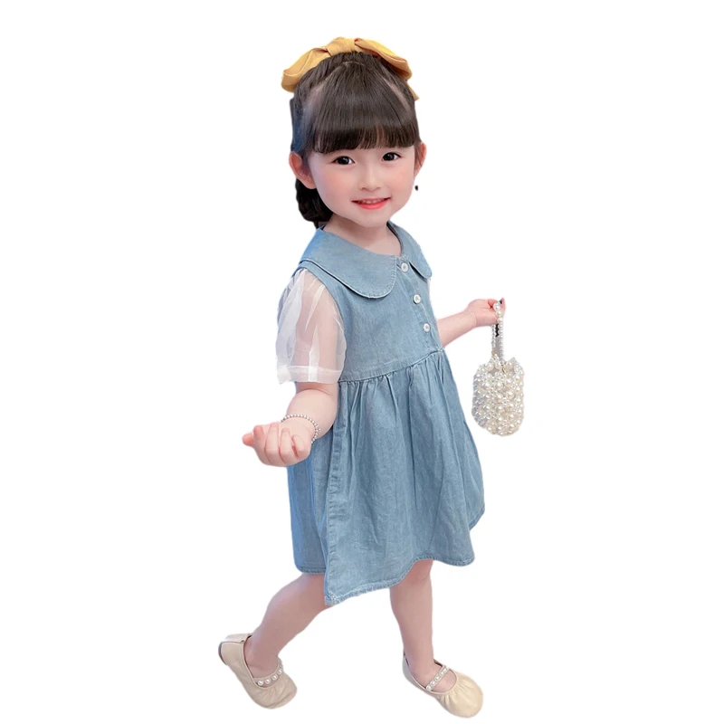 

Летнее платье для маленьких девочек, хлопковое мягкое удобное джинсовое платье с отворотами, пышными короткими рукавами, детское платье пр...