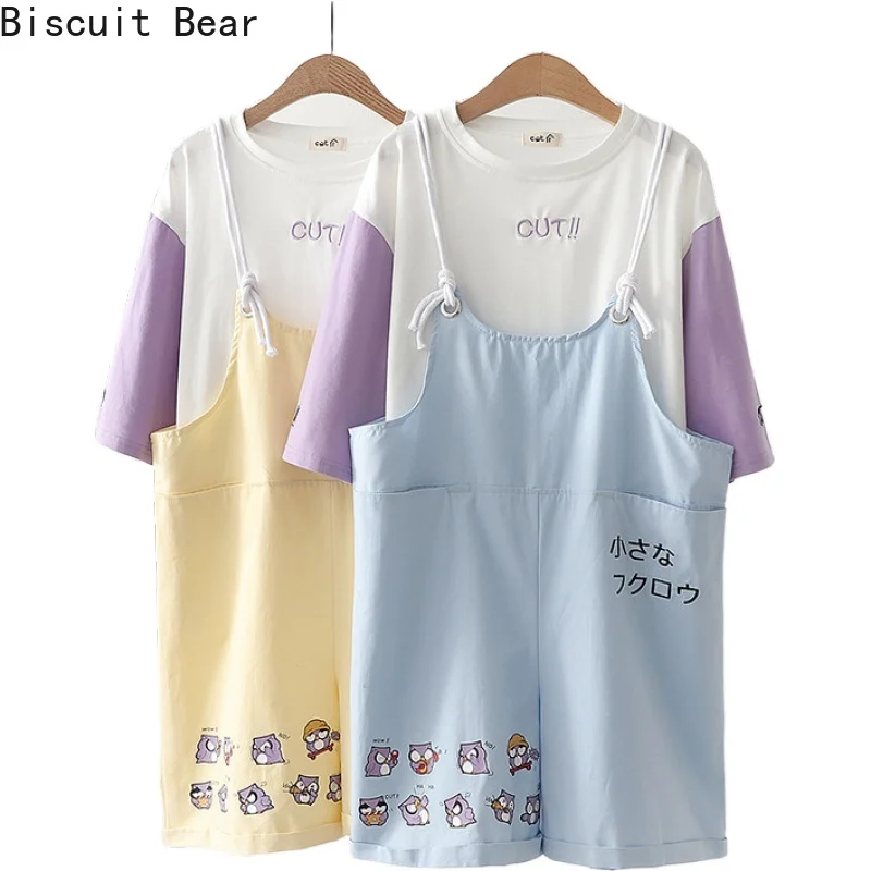 

Sweet Style Two Piece Set Women Letter Embroidery Patchwork T Shirts And Cartoon Print Pockets Overalls Shorts Harakuju Sets