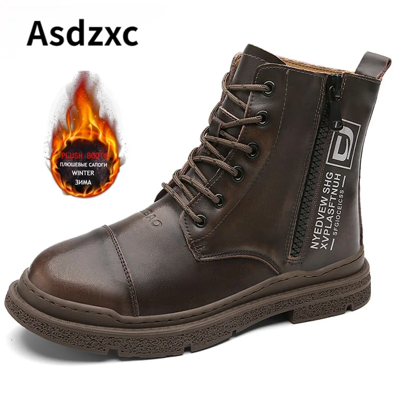 

Зимние мужские ботинки, плюшевые теплые мужские зимние ботинки, мужские водонепроницаемые ботинки из натуральной кожи, оригинальные мотоц...