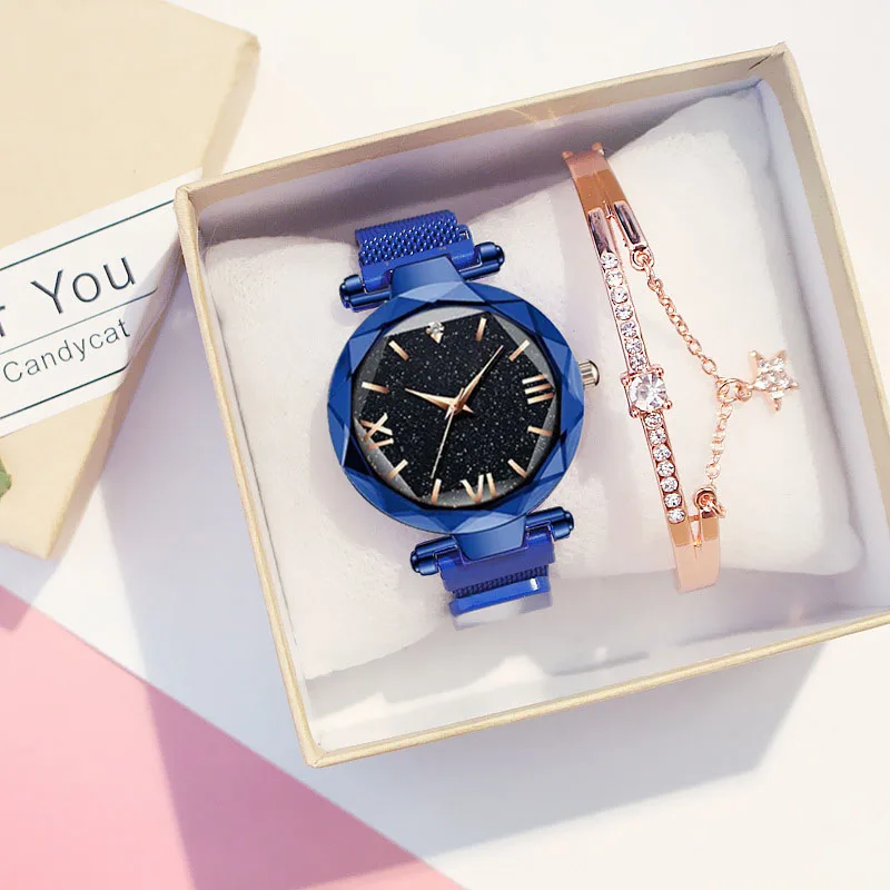 Blue bracelet Звездное небо женские часы модные магнитные часы и браслет набор дамские наручные часы римский подарок часы Relogio Feminino - Цвет: Blue bracelet