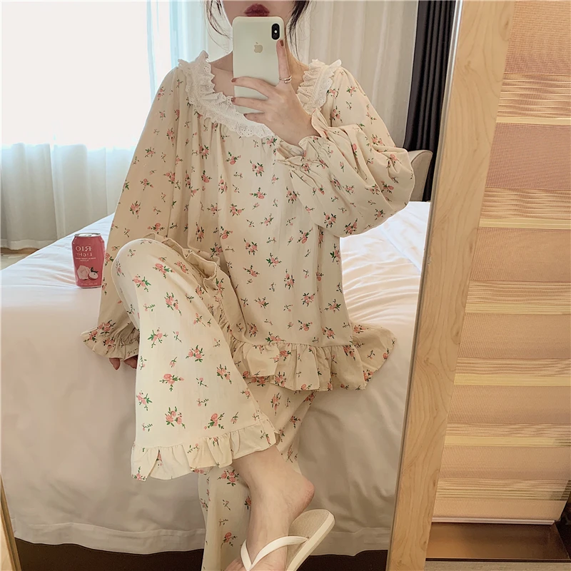 

fancy lace floral print cute women pajamas set long sleeve ruffles top pants 2 piece set homewear spring autumn home suit