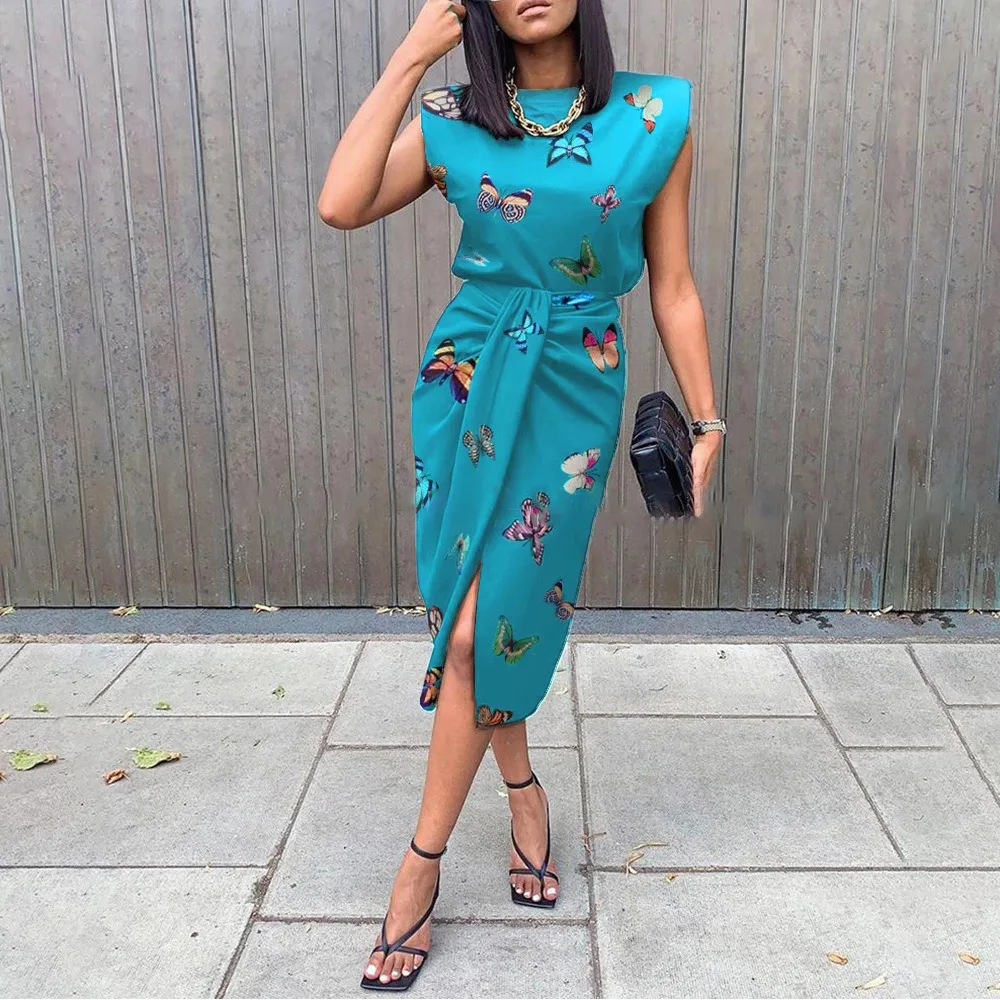 

Women's Elegant Evening Dress Sexy Sleeveless Slim Design Belt Short Suit Dress 2021 Casual Irregular Shrug Mid-length Dress