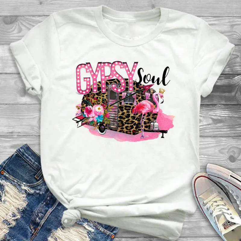 

Women Lady T Shirt Leopard Car Gypsy Soul Printed Tshirt Ladies Short Sleeve Tee Shirt Women Female Tops Clothes Graphic T-shirt