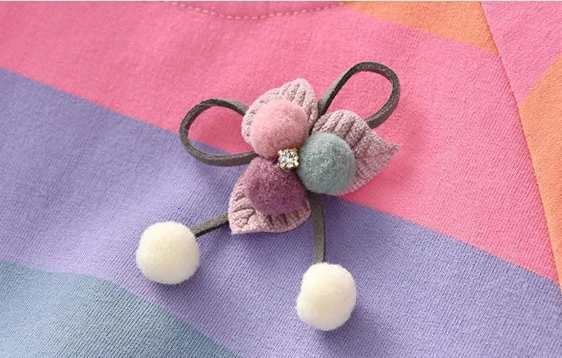 2021 Girls Spring and Autumn Dresses Children's Long Sleeve Striped Colorful Rainbow Princess Cute Party Dress for Kids | Детская