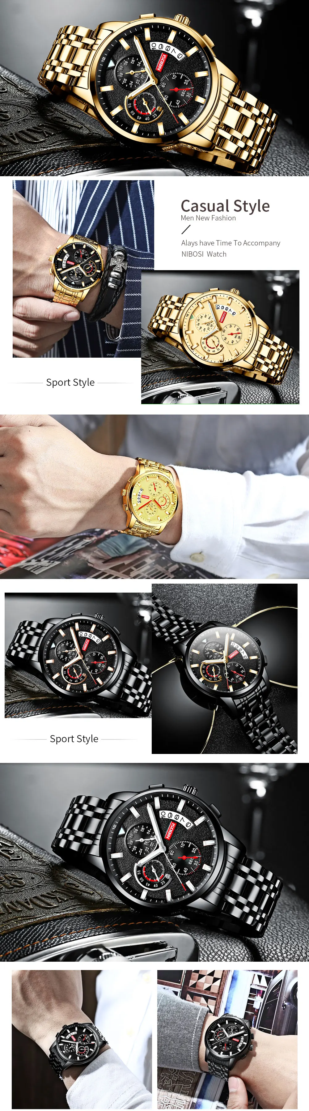 NIBOSI Top Brand Fashion Mens Watches Luxury Stainless steel Quartz Chronograph Clock Waterproof Watch For Men Relogio Masculino