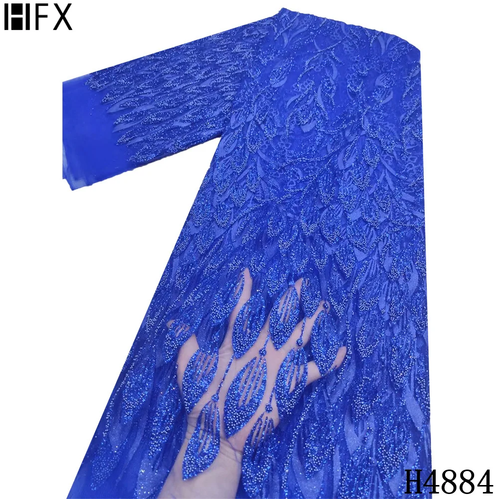 

HFX 2021 High Quality Beaded Glued Glitter Sequin Lace Fabric Golden African French Net Tulle Lace Fabric With Sequins F4884