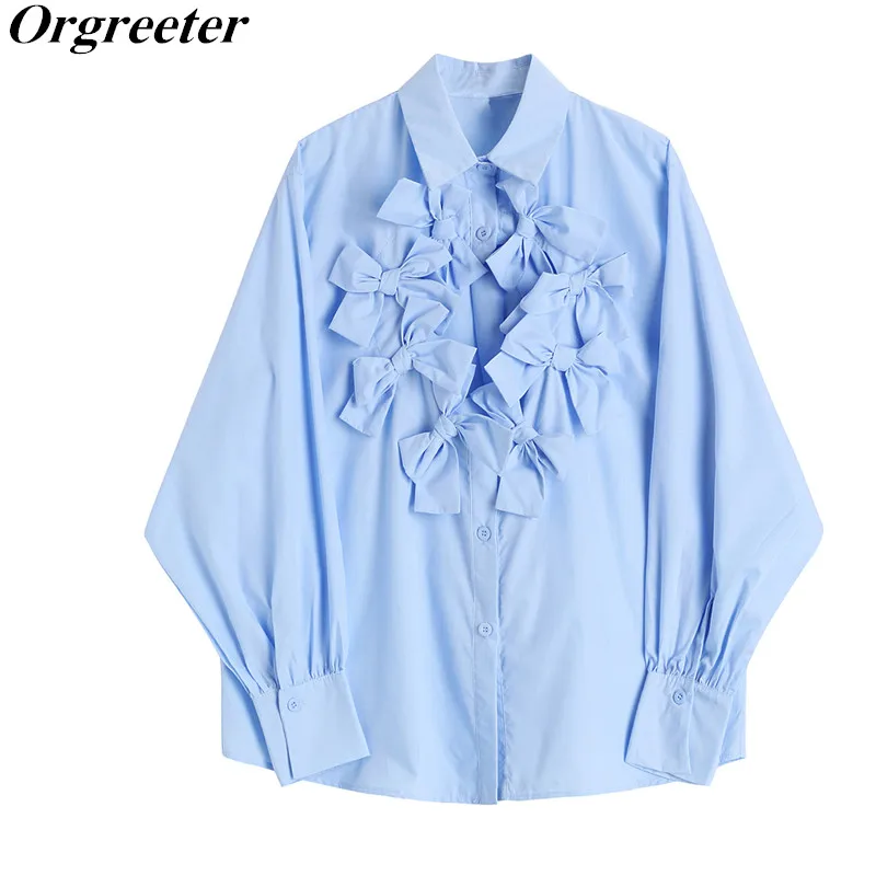

Blue Oversize Sweet Bow Hollow out New Lapel Long Sleeve Loose Fit Women Shirt Korean Fashion Spring Fall 2022 Blusa Feminina